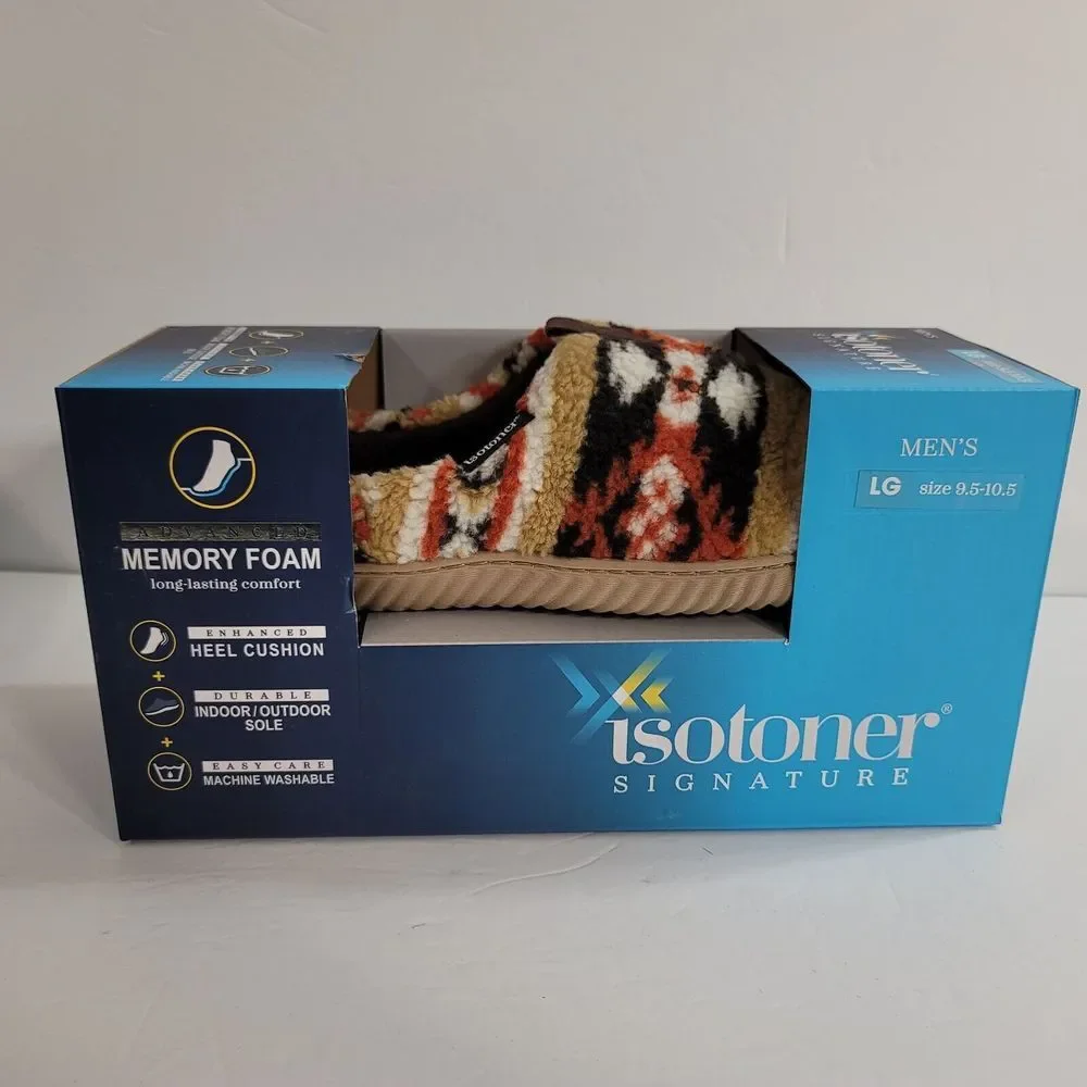 Isotoner Fleece Fairisle‎ Scuff Slippers Mens Large 9.5-10.5 Dark Chocolate NEW